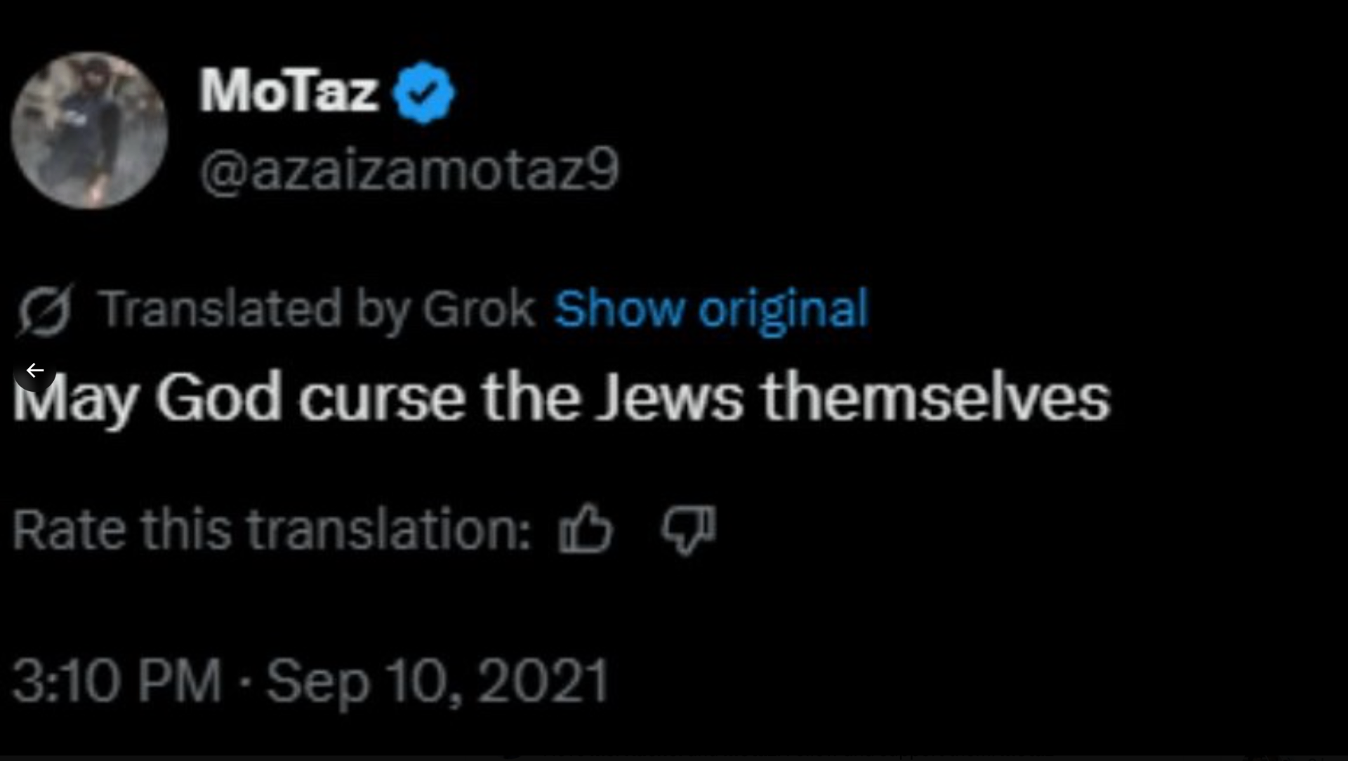 Motaz Azaiza tweet stating "May God curse the Jews themselves"