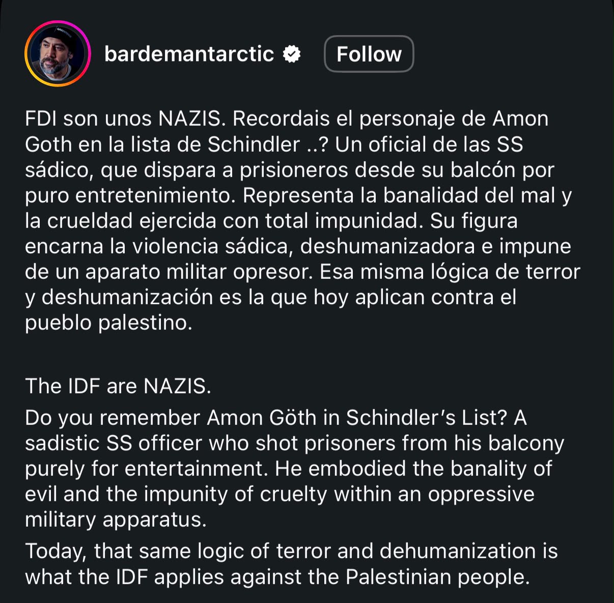 Javier Bardem posting: "The IDF are NAZIS."