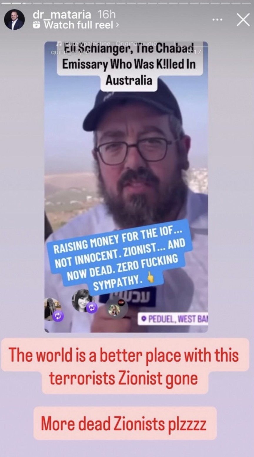 Dr. Ahmed Mataria's Instagram story calling for more dead Zionists